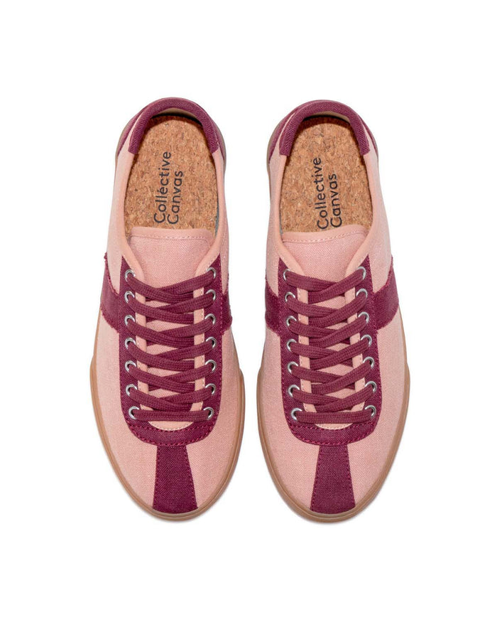 Looper Hemp Clay Pink sneakers, top view showing cork insoles and burgundy laces and toe panels