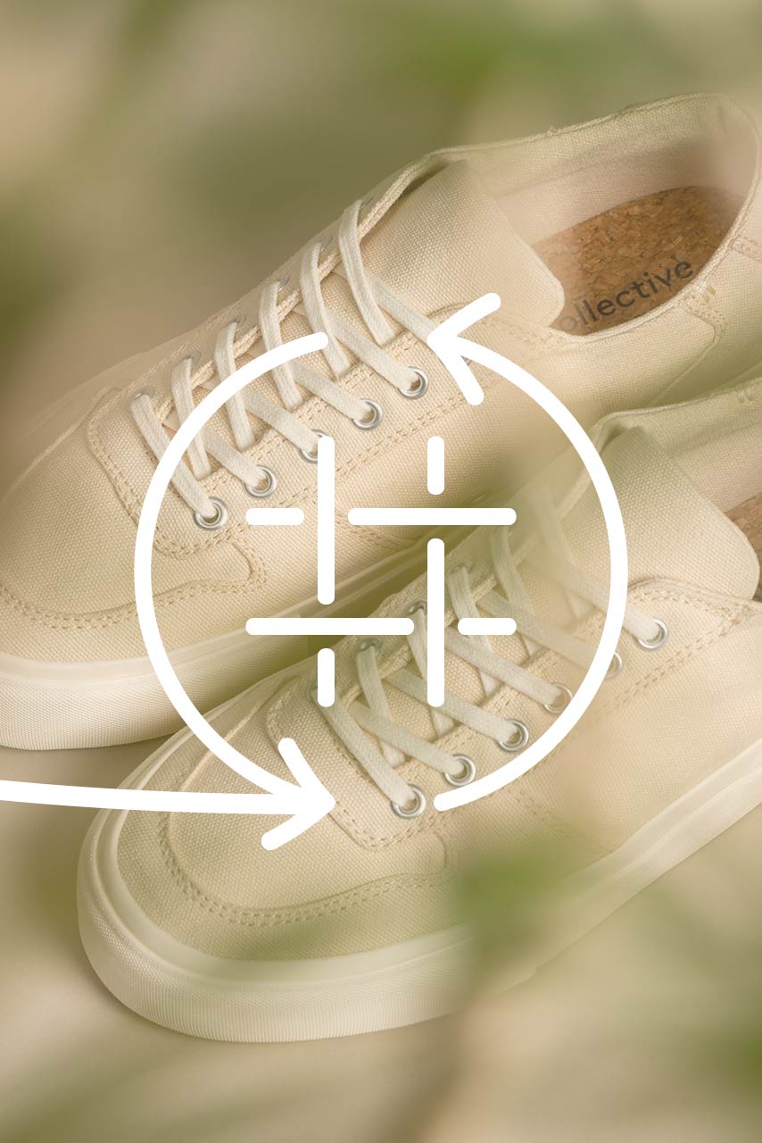 Beige Bal sneakers behind a circular Collective Canvas recycling logo.