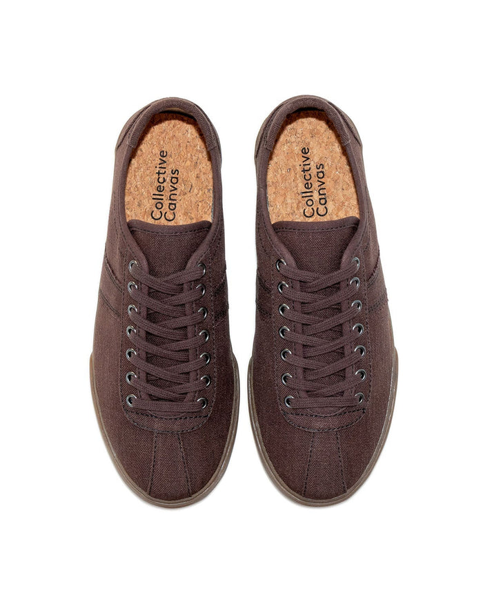 Looper Hemp Coffee sneakers, top view showing cork insoles and tonal brown laces