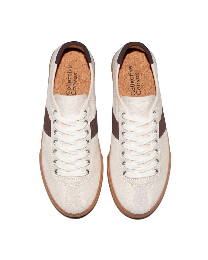 Looper Hemp Ecru/Coffee sneakers, top view showing cork insoles, white laces and brown stripes