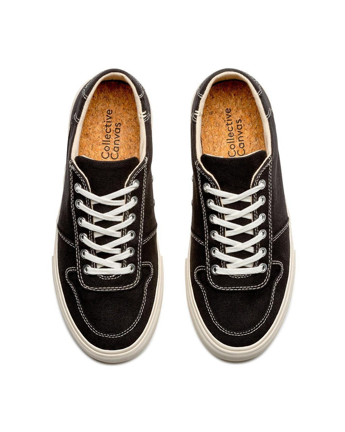 Bal Black/White sneakers, top view showing cork insoles, white laces and contrast stitching