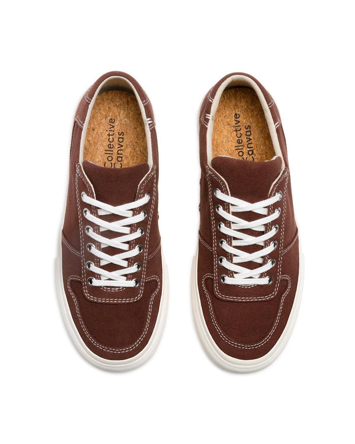 Bal Cappuccino sneakers, top view showing cork insoles, white laces and contrast stitching