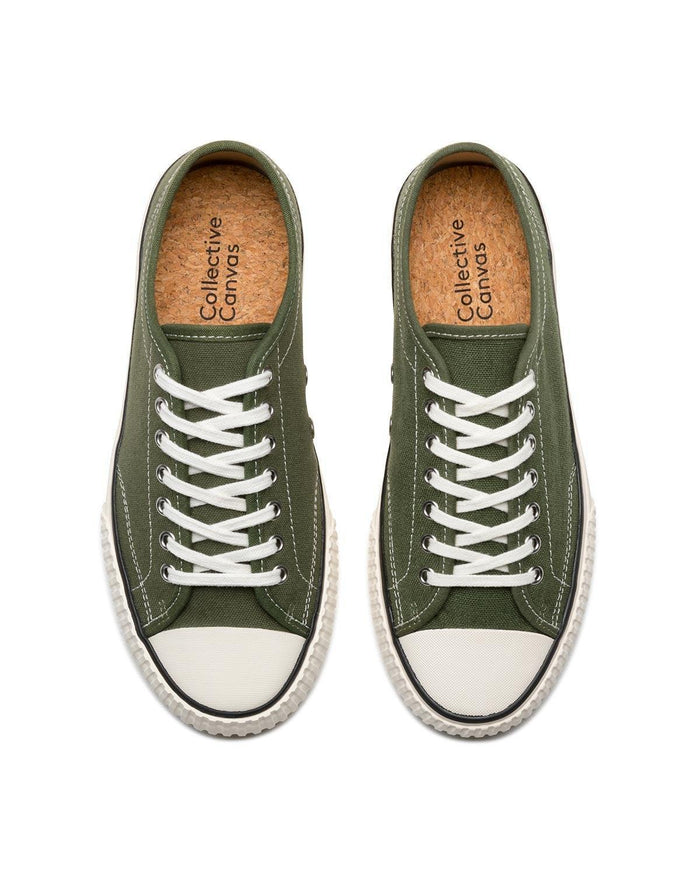 Top view of Straat Hemp Olive sneakers with cork insoles and white laces